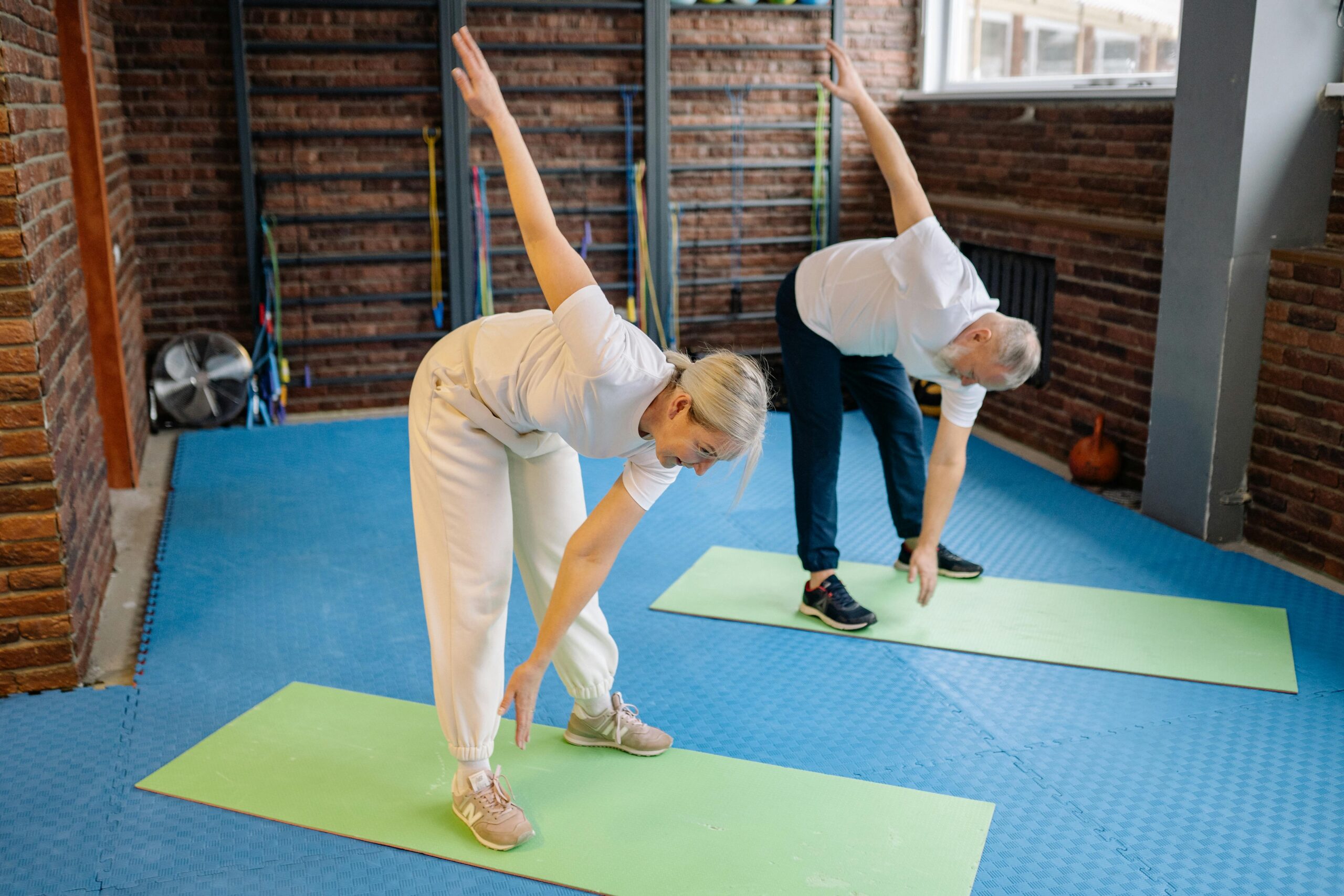 Elderly couple doing exercises.